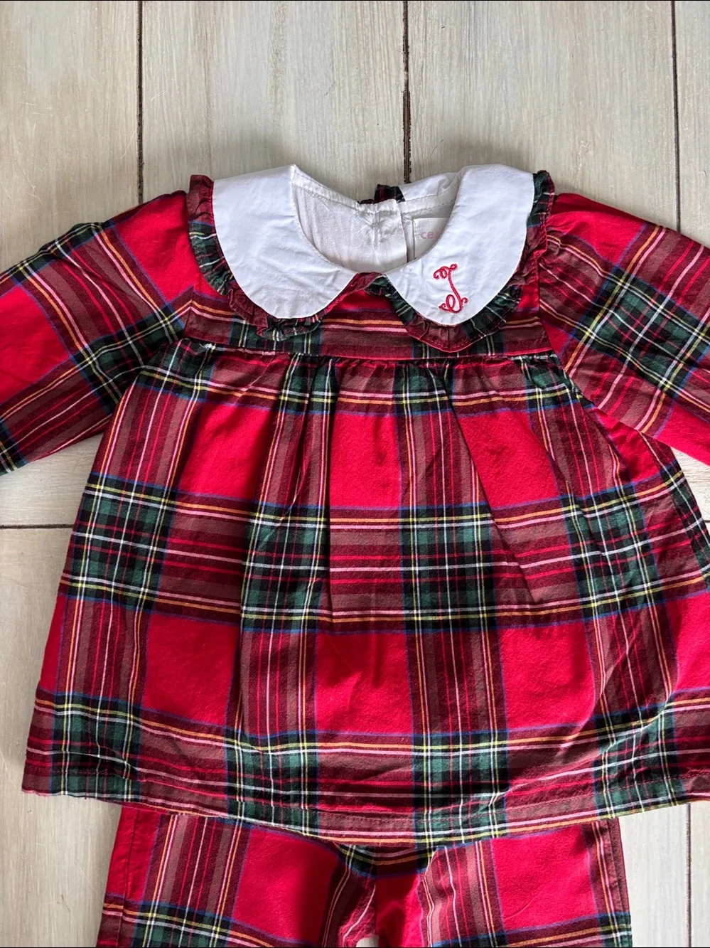 Cecil & Lou Red Holiday Plaid Collared Top & Pants Monogram
